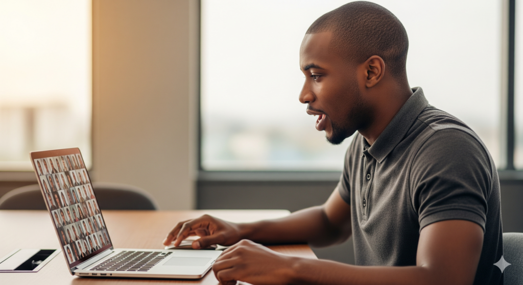 A casually dressed young African C-suite man talking to his laptop in a meeting