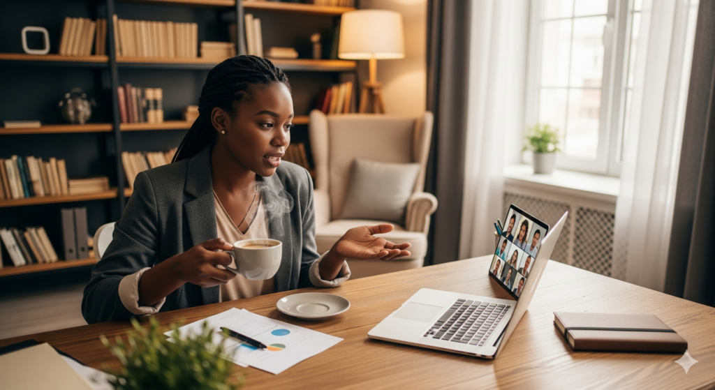 A casually dressed young African C-suite woman talking to her laptop in her study with a cup of coffee in hand
