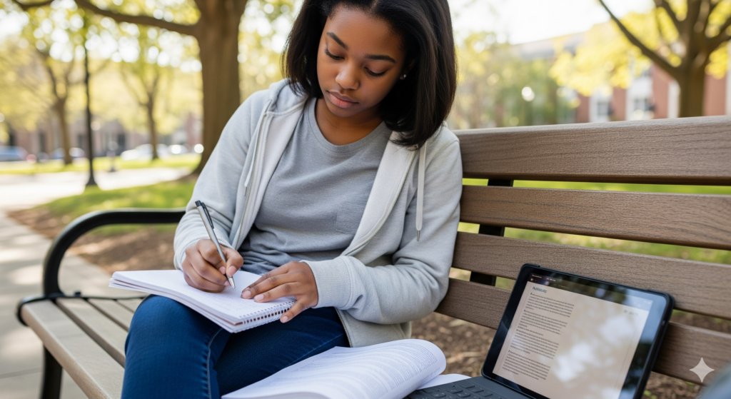 A 16:9 front-view of a teenage female student actively taking notes in a notebook with a tablet beside her on a bench