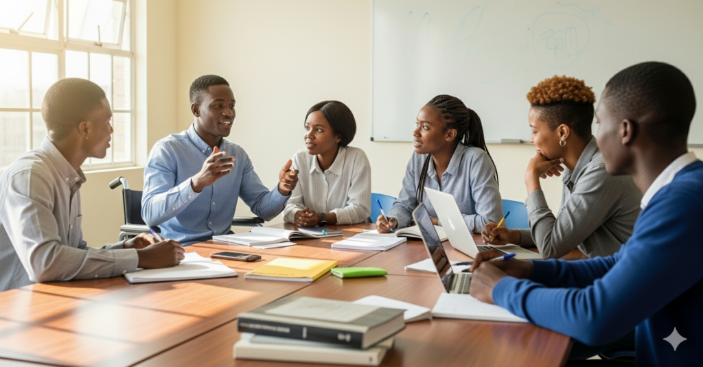 Young university male and female students having a group meeting in a classroom with a male student in a wheelchair talking to the group.