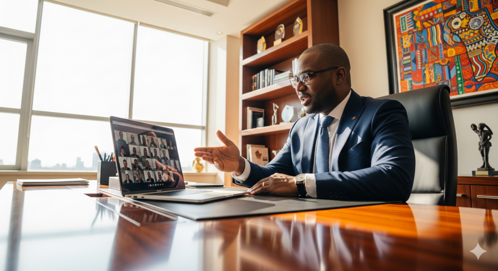 An African C-suite man talking to his laptop in a lecture in his office