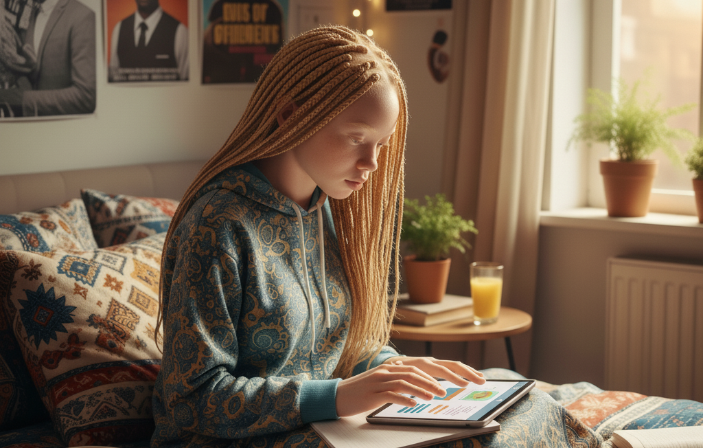 A student studying in her bedroom